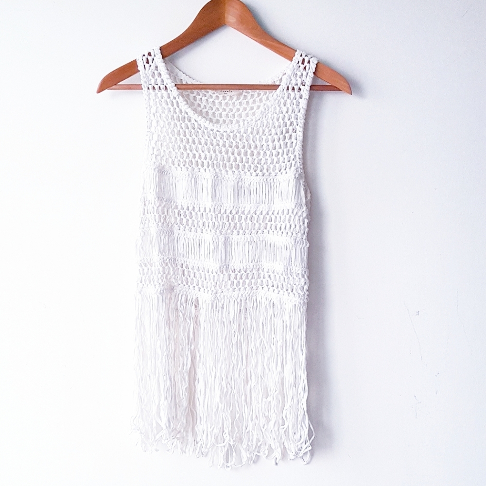 ANTHROPOLOGIE ELODIE Ivory Open Knit & Fringe Top